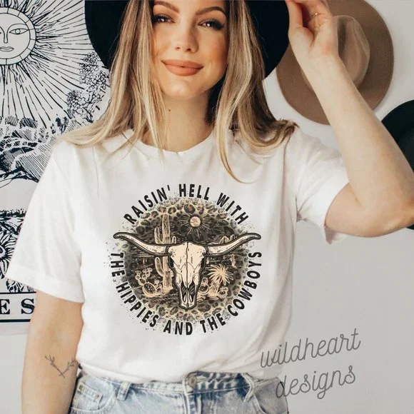 Raising Hell With The Hippies And The Cowboys Graphic T-shirt, Western Shirt - Picture 1 of 2